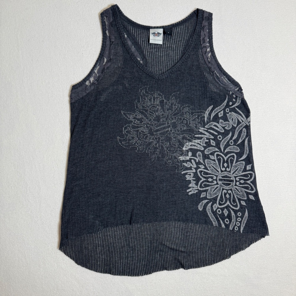 Harley Davidson Womens‎ L Large Tank Top Gray Sleeveless Lace Trim Floral